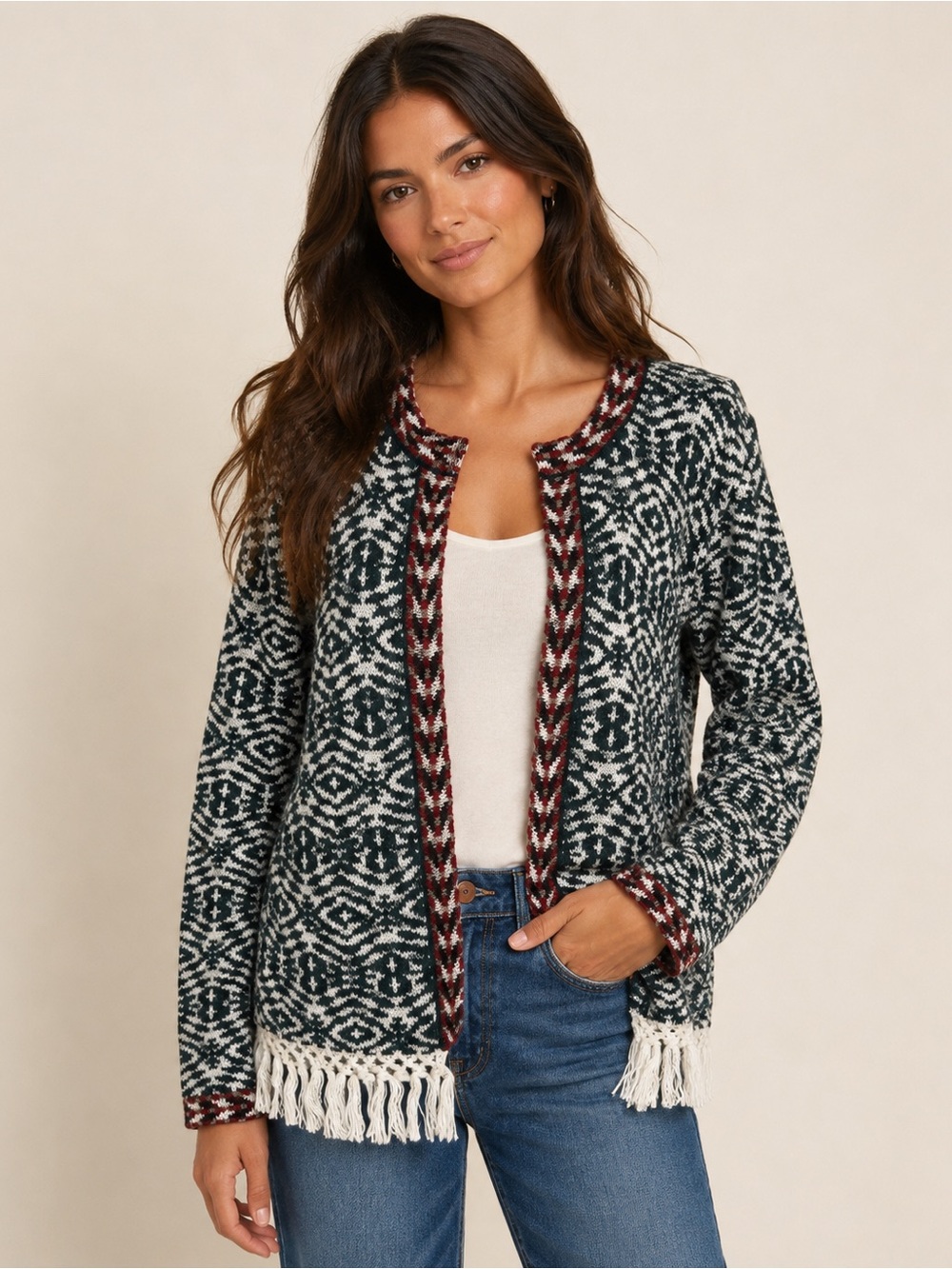 Peruvian Connection Open Cardigan Sweater Aztec Border‎ Fringe